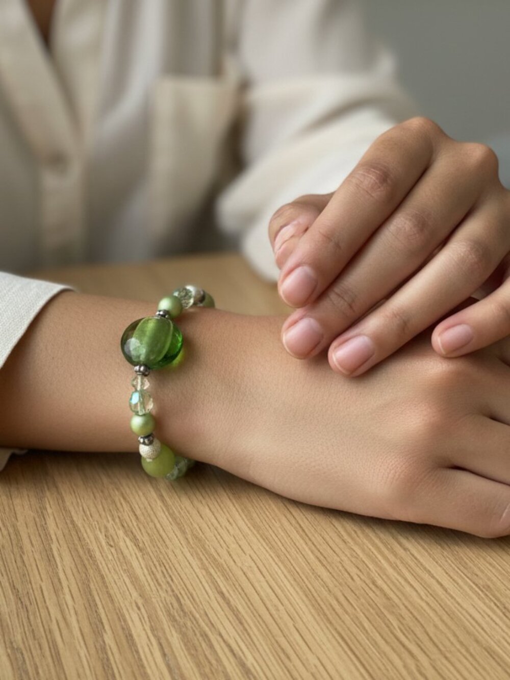 Vintage Whimsigoth Forest Green Glass & Crystal Stretch Bracelet